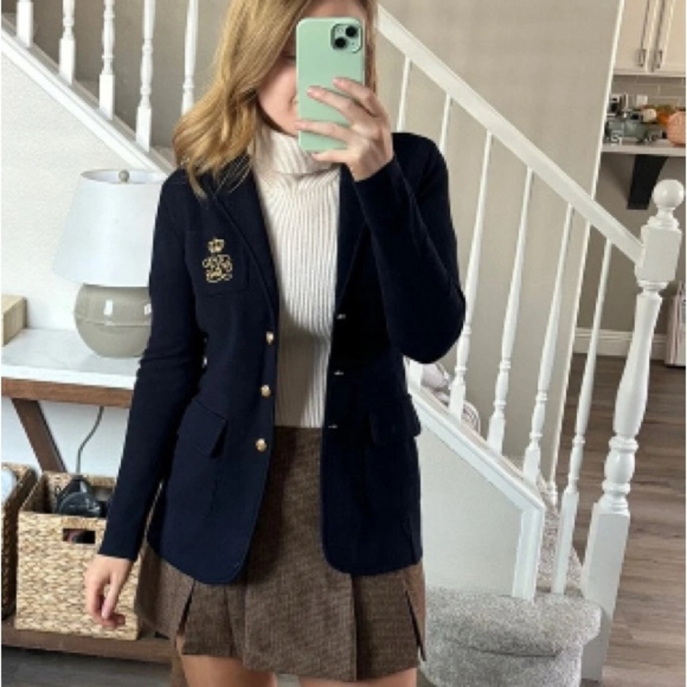 Vintage Ralph Lauren Cardigan Blazer Navy Blue Crown Crest Gold Embroidered Logo